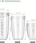 Size comparison of 32oz, 24oz, and 18oz replacement cups for NutriBullet 600W and 900W blenders