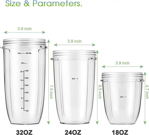 Size comparison of 32oz, 24oz, and 18oz replacement cups for NutriBullet 600W and 900W blenders