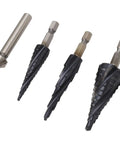 Rock Solid M35 Cobalt Step Drill Bit Set With 4 Flute Spiral Design For Metal Wood Plastic Hole Drilling Including Multi Size Tools And Standard Bits To Make Tough Cuts Easy Without Heating Up Or Breaking Down, four step drill bits on white background