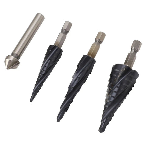 Rock Solid M35 Cobalt Step Drill Bit Set With 4 Flute Spiral Design For Metal Wood Plastic Hole Drilling Including Multi Size Tools And Standard Bits To Make Tough Cuts Easy Without Heating Up Or Breaking Down, four step drill bits on white background