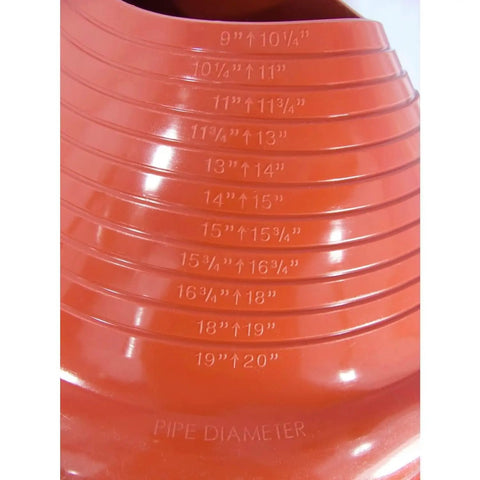 Red Silicone High Temp Pipe Flashing For Metal Roof Boots fits 9 to 20 inch pipe size markings on red silicone boot