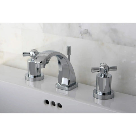 Millennium KS4941ZX Mini Widespread Lavatory Faucet With Brass Pop Up, Polished Chrome, on white bathroom sink