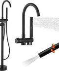 Freestanding Bathtub Faucet Tub Filler With 2 Function Hand Shower Wand Swivel Matte Black Finish Floor Mount Brass Bath Filler