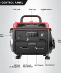 Gas Powered 1200W Portable Generator For Camping And Tailgating with labeled control panel, ergonomic handle, EPA compliant.