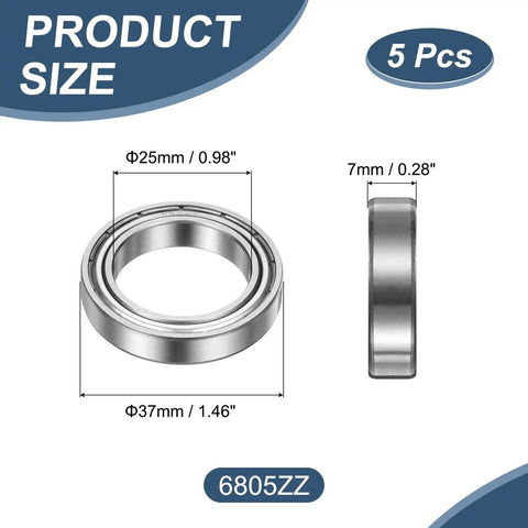 Five Pack 6805ZZ Deep Groove Ball Bearings 25x37x7mm Chrome Steel Double Shield ABEC5 with product dimensions and specifications