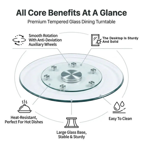 Tempered Glass Round Lazy Susan Turntable with 360 Degree Silent Spin and Ultra Smooth Jitter Free Rotation diagram
