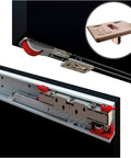 Floating Door System Pro Grade Sliding Track Kit With Concealed Barn Door Hardware Patented Designs Made In Italy Free Template Included Ideal For Any Wood Door Slab Boss Level Hidden Track Kit with close-up of concealed track and included template.