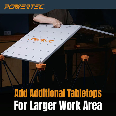 Person assembling Arachni-Flex 24 By 48 Inch Waterproof PVC Foldable Workbench Tabletop With Pre-Drilled Dog Holes And Quick-Insert Locks.