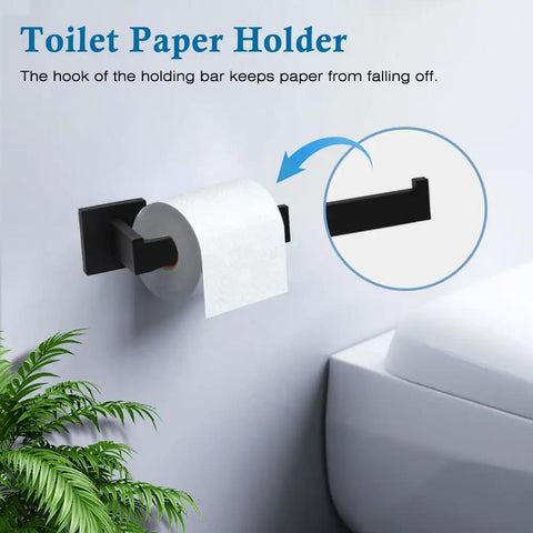 Matte Black Dope 4 Piece Bathroom Hardware Set With Towel Bar Towel Holder Toilet Paper Holder And Towel Hook 16 Inch SUS304 Stainless Steel Rust Resistant Durable Bath Accessories Kit showing wall-mounted toilet paper holder.