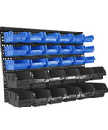 Rock Solid Heavy Duty Wall Mount Tool Organizer Rack With Thirty Spacious Compartments, featuring blue and black storage bins.