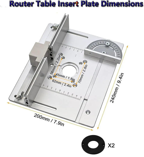 Badass Aluminum Router Table Insert Plate Sized At 9.45 By 7.87 Inches With Dual Mounting Holes and visible dimensions markings.