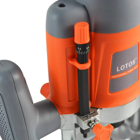 Close-up of Workhorse Plunge Wood Router With Edge Guide showing control dial and orange casing