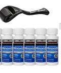 6 Pack Minoxidil For Guys Hair Growth Treatment With Extra Strength Five Percent Liquid Solution Six Month Supply Includes Dropper Applicator And Microneedle Roller For Easy Daily Scalp Application displayed with bottles, dropper, and roller.