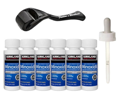 6 Pack Minoxidil For Guys Hair Growth Treatment With Extra Strength Five Percent Liquid Solution Six Month Supply Includes Dropper Applicator And Microneedle Roller For Easy Daily Scalp Application displayed with bottles, dropper, and roller.