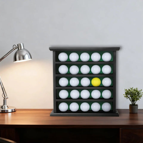 25 Golf Ball Display Case Wall Mount Rack For Golfers Black Wooden Ball Holder with 25 slots on desk next to lamp