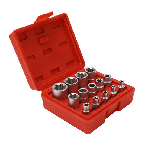 High-Strength E-Type Torx Socket Set Kit With One Quarter, Three Eighths, And One Half Inch Sockets in plastic box