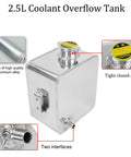 Heavy Duty 2.5L Aluminum Coolant Radiator Overflow Expansion Tank with tight cap and dual interfaces for cooling upgrades.