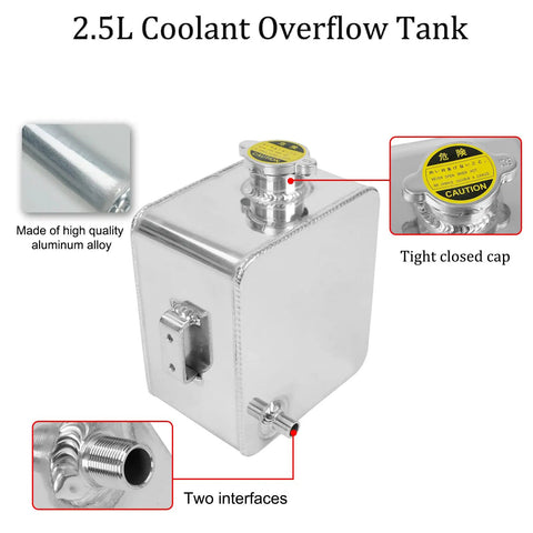 Heavy Duty 2.5L Aluminum Coolant Radiator Overflow Expansion Tank with tight cap and dual interfaces for cooling upgrades.