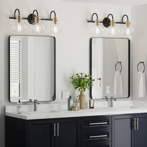 Three Light Vanity Light Fixture In Black And Copper With Globe Glass Shade, Modern Wall Sconce For Bathroom, Over Mirror Vanity
