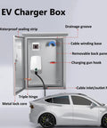 Badass Stainless Steel EV Charger Cover With Auto Lock And Secure Wall Mount Bracket For Tesla And Every Plug In Car Out Here Keeping Your Cable Safe From Weather And Thieves Without Giving You Any Headache, showing internal features like drainage groove and cable winding base.