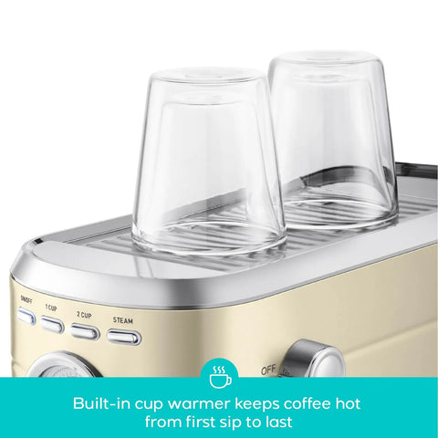 Next Level Compact Espresso Maker With High Pressure Pump And Hassle Free Milk Frother For Pulling Bold Coffee Shots and Topping Off Sweet Lattes Anytime, featuring a built-in cup warmer.
