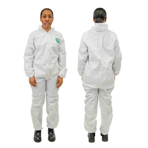 Front and back view of MicroMax Protective Disposable Coverall For Painting And Cleaning Jobs With Respirator Fit Hood White 4X Large