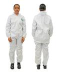 Front and back view of MicroMax Protective Disposable Coveralls For Paint Job And Cleanup With Respirator Fit Hood White Large 25 Pack