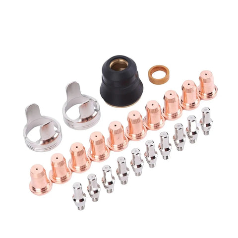 Top Tier 24 Pcs Plasma Cutter Consumables Set For Yeswelder Cut 55ds Pro And 65ds Torch Parts with copper electrodes and nozzles.