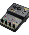 Portable USB Mini Audio Mixer with 2 Channel Sound Card and 48V Phantom Power, showing control knobs and input/output ports