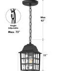 Outdoor Pendant Light For Porch And Yard Weatherproof Aluminum Exterior Hanging Lantern With Water Glass Panel Black Rust Resistant Ceiling Light For Gazebo Patio And Garden, dimensions shown.