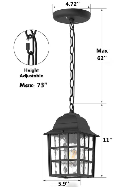 Outdoor Pendant Light For Porch And Yard Weatherproof Aluminum Exterior Hanging Lantern With Water Glass Panel Black Rust Resistant Ceiling Light For Gazebo Patio And Garden, dimensions shown.