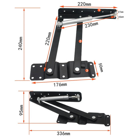 Two Piece Black Folding Spring Table Hinge for Lift Up Tables and Laptop Coffee Tables Heavy Duty Metal Hinge Hardware with Dimensions