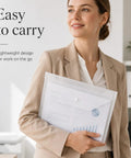 Person holding clear plastic envelope with snap closure from 100 pack A4 file folders for school office travel and home organization