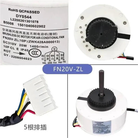 DC Brushless Fan Motor For Air Conditioner Replacement Part 310V 20W With High Flow Air Circulation Easy Install Works With Popular HVAC Systems FN20V ZL ZWR20 V showing wiring and label details.