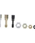 The Ultimate 61-Piece Thread Repair Kit With UNC UNF And Metric Sizes Plus Color Coded Silver Black Gold Tools For Heavy Duty Precision Fixes On Any Broken Bolt Or Screw. Silver, gold and black thread repair taps and nuts on white background