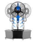 Heavy Duty Misting Floor Fan With Adjustable Height And Three Speed Settings To Crush The Summer Heat With Wide Angle Rotation features adjustable height and strong airflow.