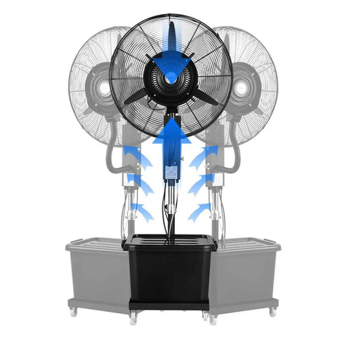 Industrial Grade Floor Atomizing Fan Delivers High Velocity Water Mist Spray For Warehouse Patio And Commercial Zones To Break The Summer Grind And Keep It Chill, showing front view with fan and water tank.