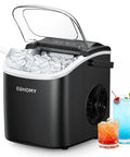 Front view of EUHOMY black countertop ice maker with transparent lid open, ice cubes visible.