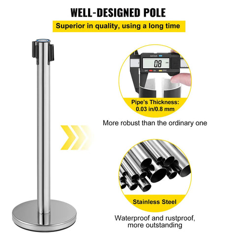 Image showing a stainless steel pole from the Set Of 6 Heavy Duty Crowd Control Stanchions With 6.6 Feet Red Retractable Belts Rubber Base No Fuss Assembly Durable Stainless Steel Poles And Iron Frame Ideal Barrier Posts For Events Queues And Public Safety Lines emphasizing pipe thickness and durability.