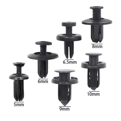 Huge 120 To 240 Piece Car Trim Rivet Kit With Nylon Bumper Clips That Hold Firm And Secure Plastic Panels, Dash Trims And Grilles Like A Boss Without Falling Out On The Road. Black nylon car trim rivets in 5mm, 6mm, 6.5mm, 8mm, 9mm and 10mm sizes