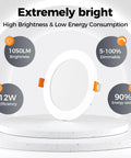 Close-up of 12W 6 Inch LED Recessed Ceiling Light showing features, adjustable brightness, and low energy consumption.