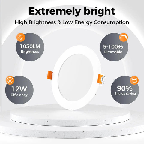 Close-up of 12W 6 Inch LED Recessed Ceiling Light showing features, adjustable brightness, and low energy consumption.