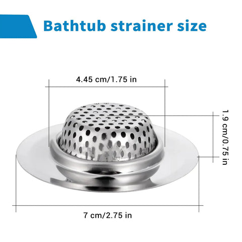 Real Heavy Hitter Stainless Steel Tub Drain Strainer And Shower Hair Catcher displayed with dimensions 4.45 cm and 7 cm.