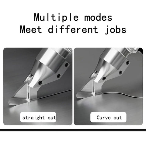 Heavy Duty Cordless Electric Shears For Metal Sheet Cutting And Leather Trimming With 800W Brushless Motor showing straight and curve cut modes.