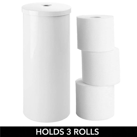 Three Roll Toilet Paper Organizer With Cover Floor Stand for bathroom storage next to three toilet paper rolls, white color.