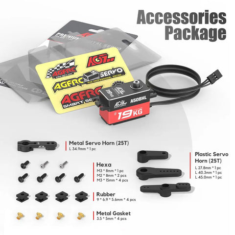Low Profile Programmable Digital Servo With Beefy Torque And Brushless Full Metal Gear A50BHL and accessory package overview