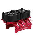 Twin 25mm RC Motor Cooling Fans With Metal Heatsink for 28mm brushless motors, shown with red heatsink and black fans.