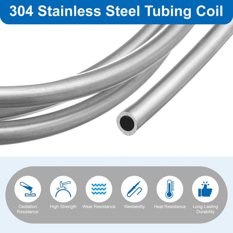 uxcell stainless steel tubing coil, 1/4 in OD × 10 ft, 304 stainless, welded tube, silver tone
