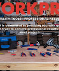 Workpro toolset displayed on a workbench including various tools and a toolbag in a workshop setting.