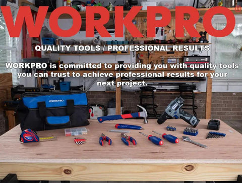 Workpro toolset displayed on a workbench including various tools and a toolbag in a workshop setting.
